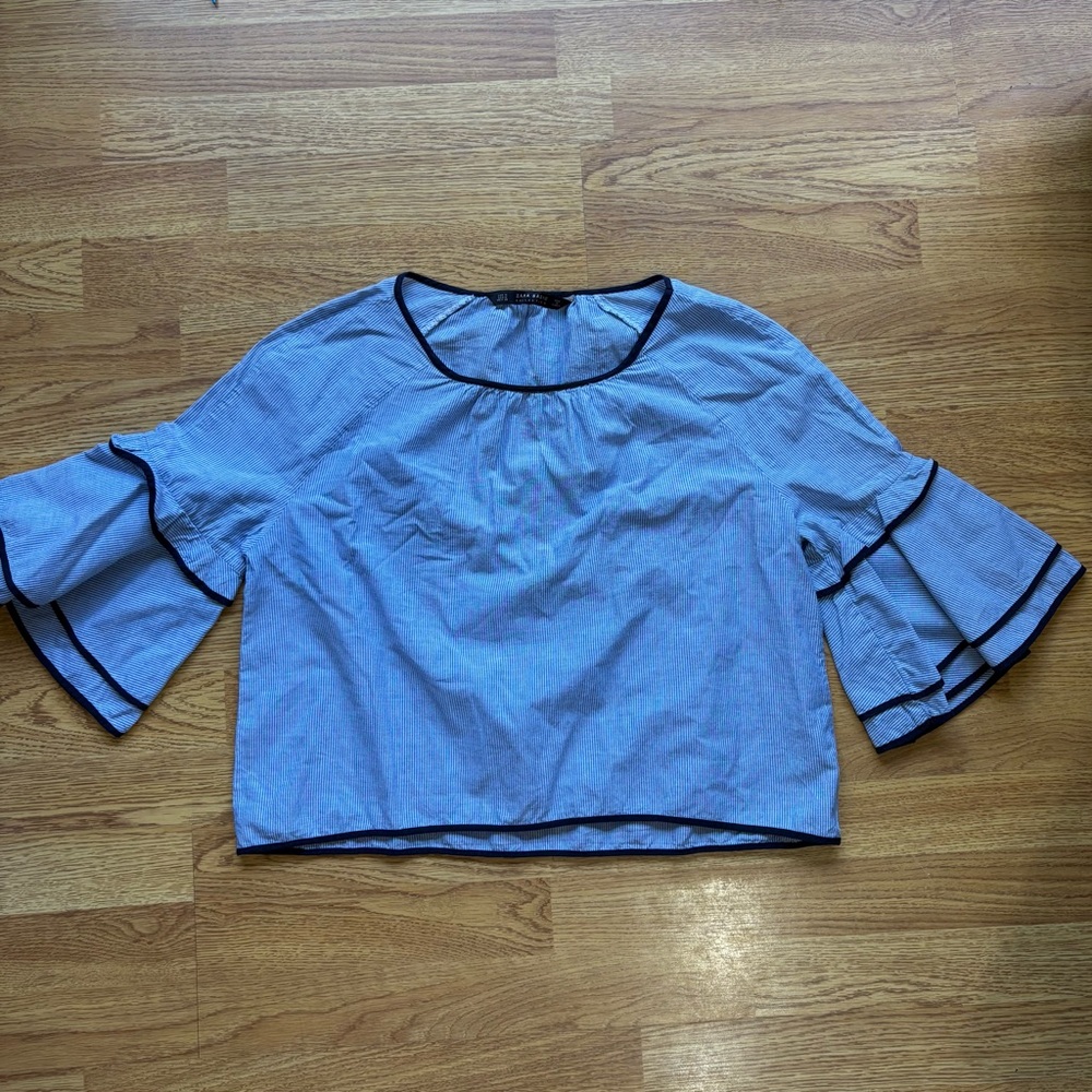 Zara women’s basic blue striped tiered flare sleeve blouse top size medium - Picture 1 of 10